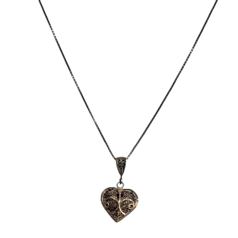 Vintage AU 925 Silver Filigree Scrollwork Heart Pendant w/ Italian .925 Chain
